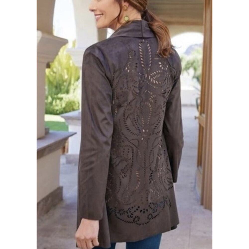 Soft Surroundings Women's‎ S Brown Faux Suede Robin Lasercut Artsy Open Cardigan